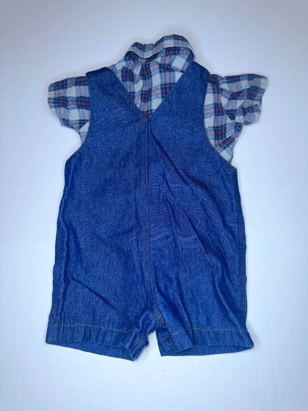 Vintage Baby Bonjour Lightweight Denim Romper & Plaid Shirt Overalls 12 mo.